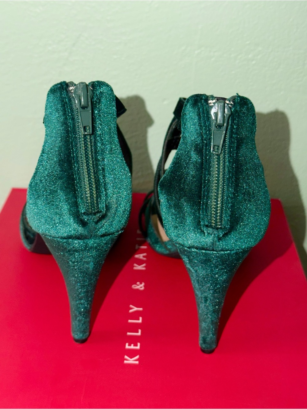 Kelly & Katie Emerald Green Velvet Strappy Cutout Heels - Picture 5 of 6